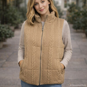 Hem & Thread Cable Knit Puffer Vest Tan Sweater Zip Front Medium Pockets NWT